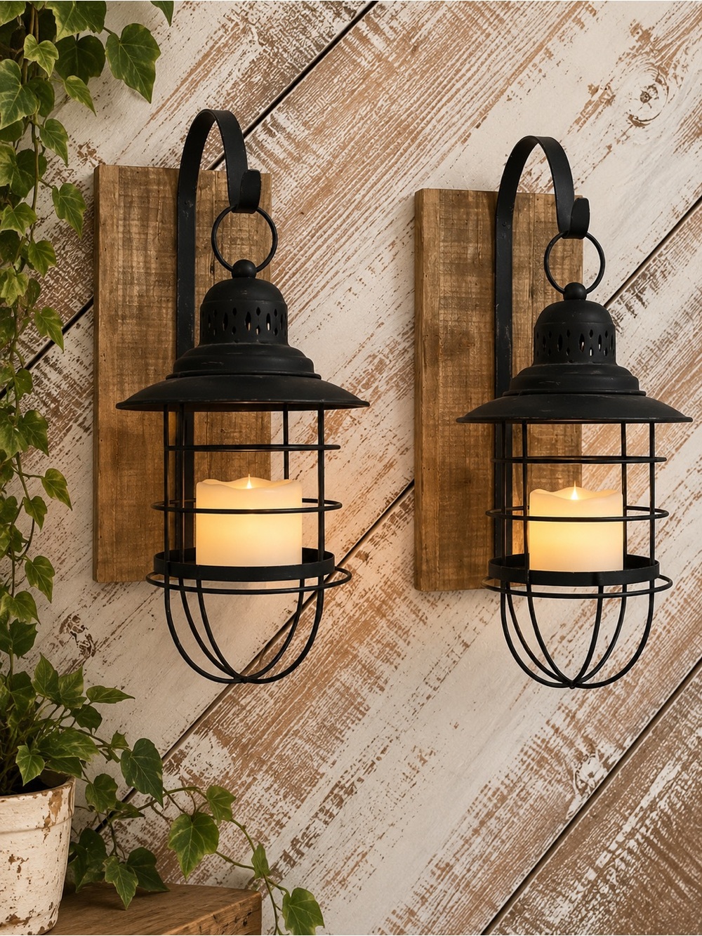Set of 2 Black Farmhouse Wall Lantern Candle Sconces
